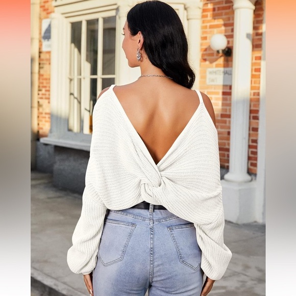 ZAFUL Women's Cold Shoulder Sweater Twist Knot Backless V Neck Sz M - Picture 5 of 5